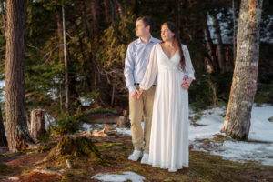 Sunrise engagement session on Embden pond